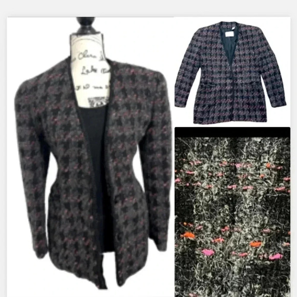 Dana Buchman Blazer Vintage wool tweed style black & gray  long button size 6 by - Picture 2 of 14